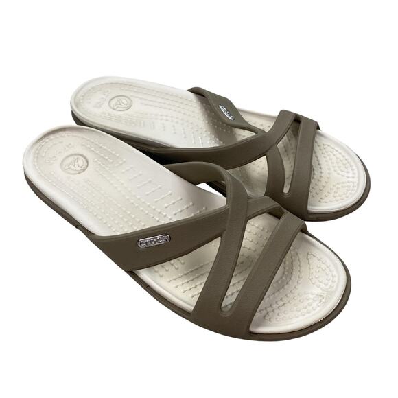 Crocs Sandals Womens 7 Patricia II Brown Wedge Slide Strappy Slip On Open Toe - Picture 1 of 11